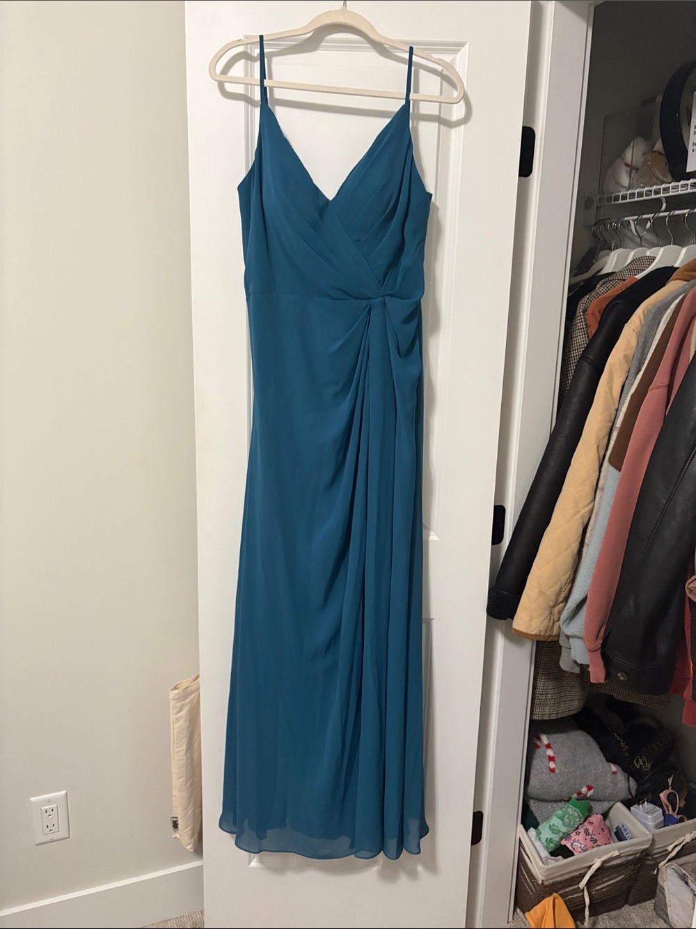 Sleeveless Teal V-Neck Spaghetti Strap Wedding Dress with Side Drape
